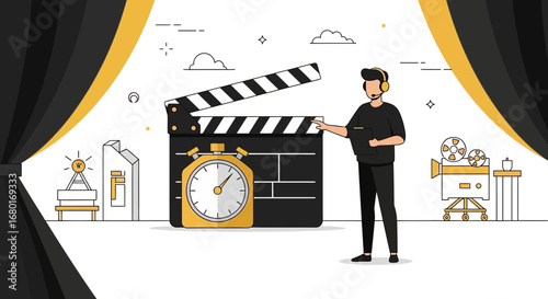 Illustration of a film production scene with director and film equipment design