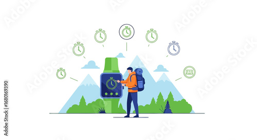 Illustration of a hiker using a smartwatch for outdoor activities and time tracking