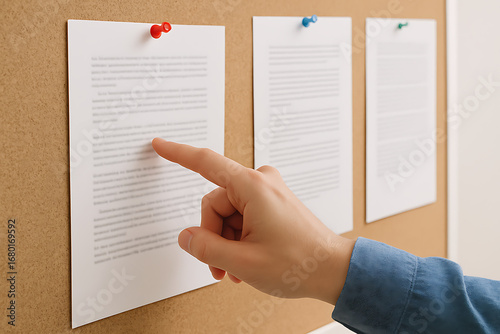 Finger pointing at document pinned on cork board close up hand notice paper text bulletin announcement information sheet selection choice office communication message workplace education business remi