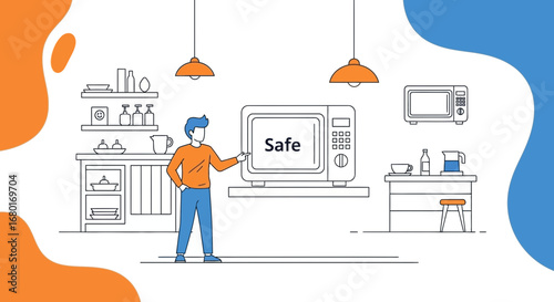 Illustration of a man in a kitchen pointing to a microwave emphasizing food safety practices
