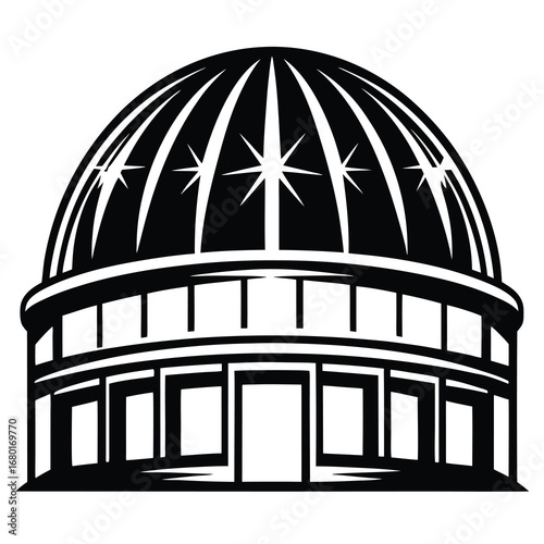 Stylized depiction of a grand domed structure in black and white