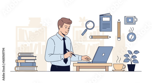 Illustration of a man working at a computer surrounded by books and office supplies