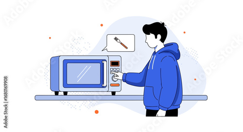 Illustration of a person using a microwave to heat up a meal with a fork image concept