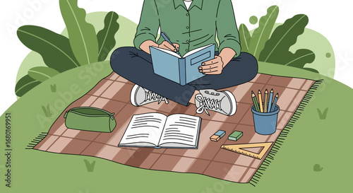 Illustration of a person writing in a notebook outdoors on a picnic blanket scene