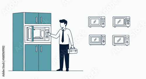 Illustration of a professional using a microwave with cabinet storage in office setting