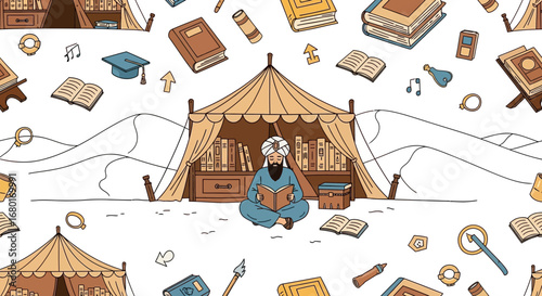 Illustration of a scholar reading a book in a tent surrounded by books and dunes