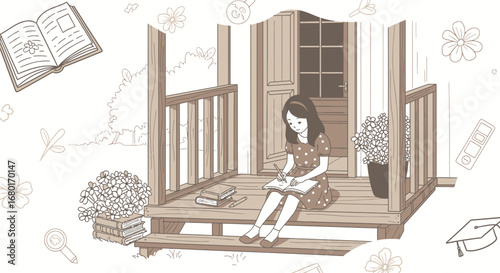 Illustration of a serene scene featuring a girl writing in a book on a porch