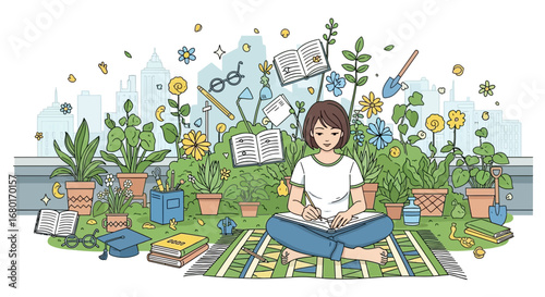 Illustration of a serene woman writing in her garden oasis amidst urban landscape
