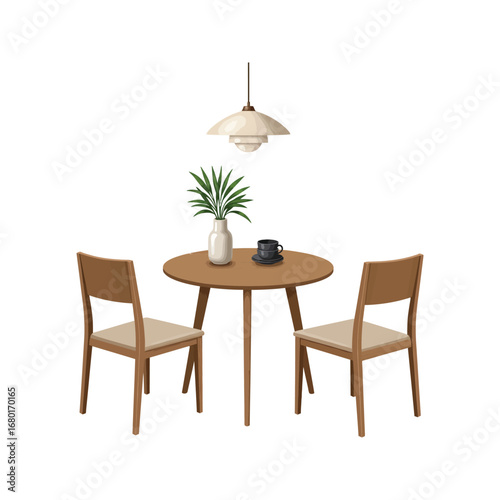 Stylish wooden dining chairs and a table in a modern room with a window