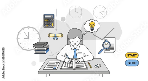 Illustration of a student studying hard for exams with surrounding elements suggesting academic