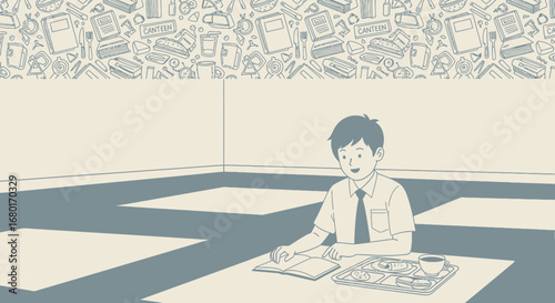 Illustration of a student in a canteen reading with food on his tray in monochrome style