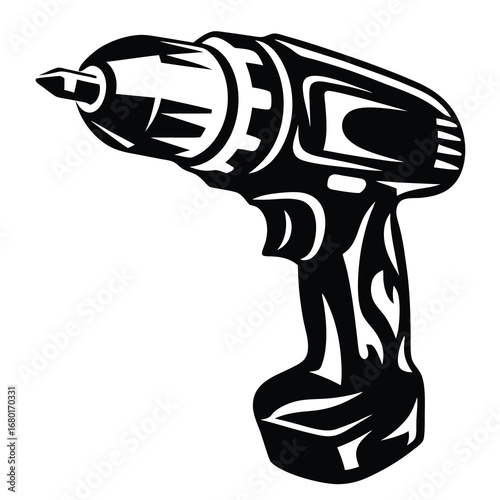Black and white artistic illustration of a power drill isolated on white