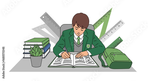 Illustration of a student in uniform studying and writing in a notebook attentively at his desk