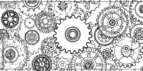 Abstract mechanical gear background with intricate details and interconnected cogwheels representing engineering precision and technological advancement in black and white