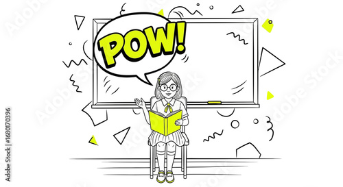Illustration of a Student Presenting with Blackboard and Comic Speech Bubble Pow