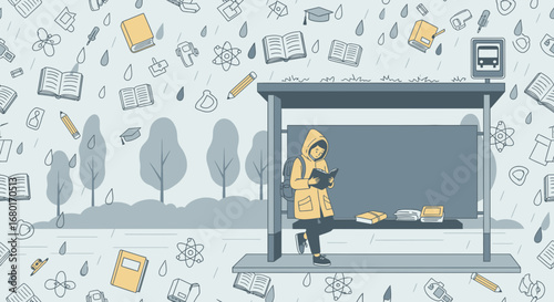 Illustration of a student reading at a bus stop with rain and school icons creating a rainy study