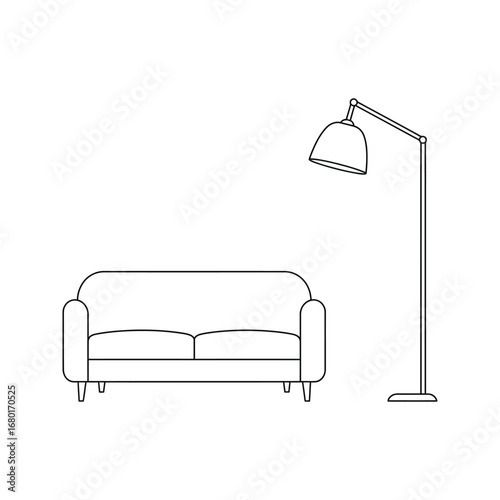 Comfortable leather couch with pillows and a lamp in a modern living room interior design