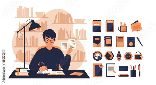 Illustration of a studious man reading and writing surrounded by study tools and bookshelves