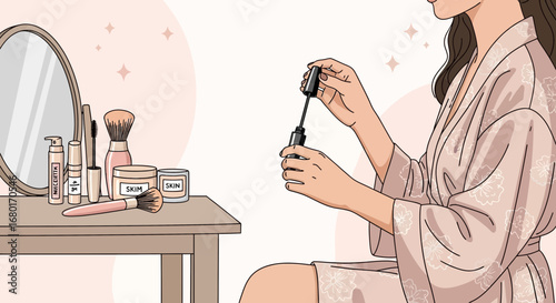 Illustration of a woman applying makeup at a vanity with various cosmetic products displayed