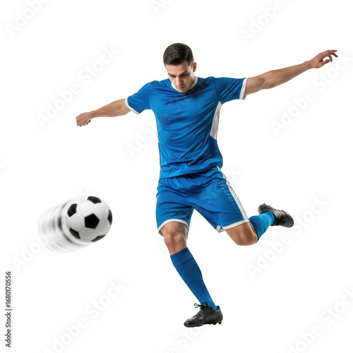 Soccer player kicking ball isolated on transparent background