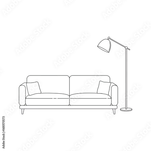 Stylish contemporary living room featuring a white sofa with pillows, a comfortable couch, and a standing lamp for a relaxing interior design