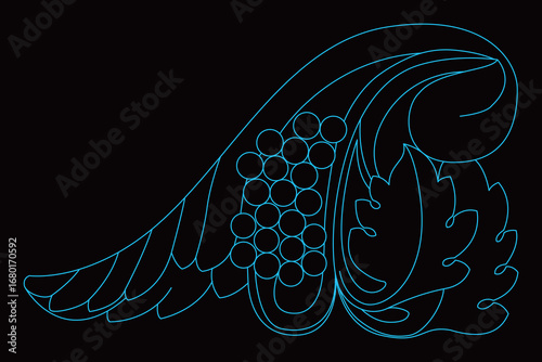 An intricate classical scroll flows with acanthus leaf, stylized feathers, and grapes.