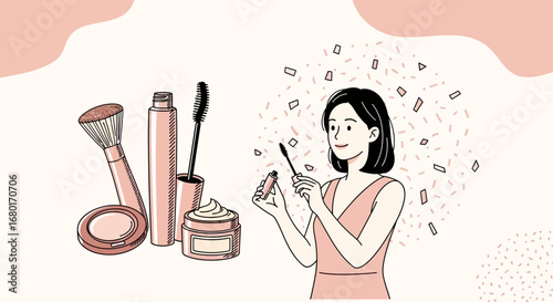 Illustration of a woman applying mascara with cosmetic products in the background for beauty