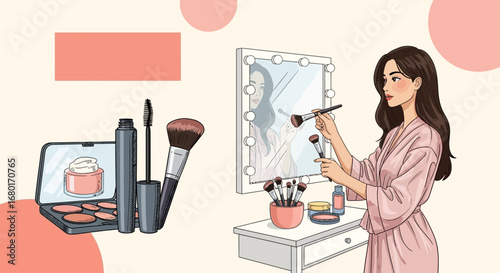 Illustration of a woman applying makeup with a vanity mirror and beauty products in a beauty room