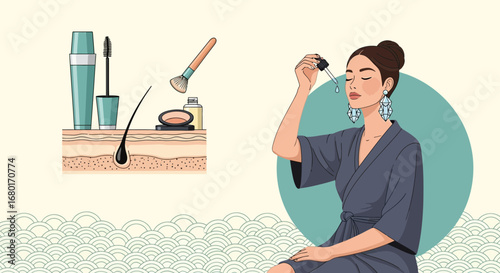 Illustration of a woman applying serum to her face showcasing skincare routine and cosmetic products
