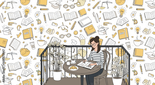 Illustration of a woman drawing at a cafe with study and creativity elements