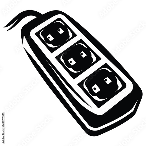 Minimalist black and white illustration of a power strip with three outlets