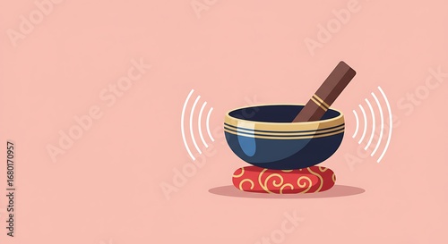A dark-blue singing bowl rests on a patterned cushion, emitting sound waves against a soft pink backdrop.
