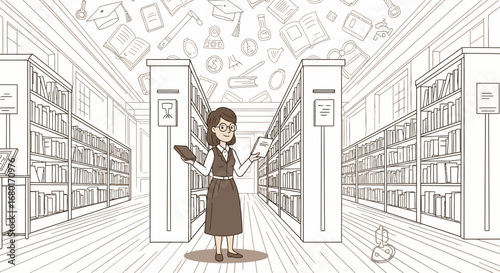 Illustration of a Woman Reading in a Library with floating education icons concept