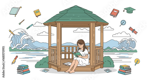 Illustration of a woman reading in a gazebo surrounded by educational and natural elements