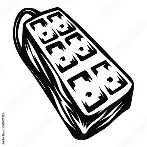 Black and White Power Strip Illustration with Multiple Outlets and Heavy Outline