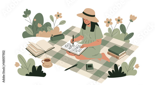 Illustration of a woman sketching in a notebook on a picnic blanket outdoors
