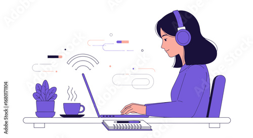 Illustration of a woman working at a laptop with headphones on a desk at home