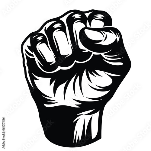 Monochrome illustration of a clenched fist symbolizing solidarity and resistance