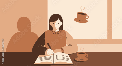 Illustration of a woman writing in a book with coffee cups as background elements in cozy atmosphere