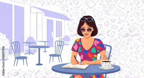 Illustration of a woman writing at a cafe with coffee in a stylish and relaxing atmosphere