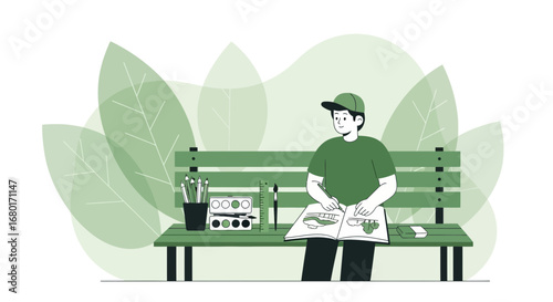 Illustration of a young artist sketching in a park with green natural backdrop