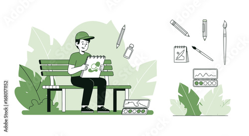 Illustration of a young artist sketching in a park setting outdoors enjoying leisure time