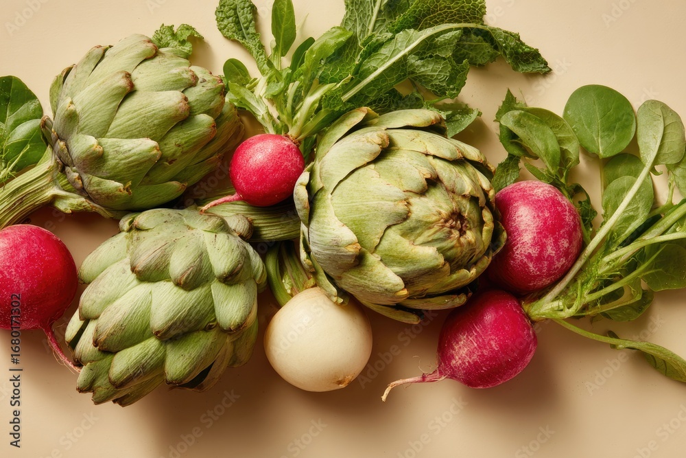 Fototapeta premium Fresh artichokes, radishes, and greens on beige background