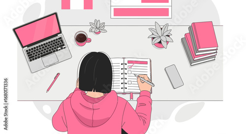 Illustration of a young woman studying or working at her desk with laptop and notes