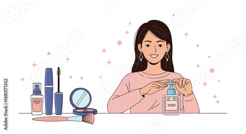 Illustration of a young woman using skincare products and applying make-up for her daily routine