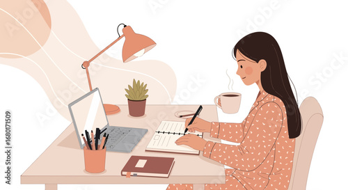 Illustration of a young woman working or studying at home with a laptop and notebook