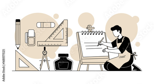 Illustration of an artist at work with drawing instruments on a neutral background design