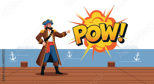 Illustration of pirate on dock pointing to pow comic book speech bubble effect