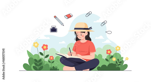 Illustration of a young woman writing in a notebook in a flower field outdoors
