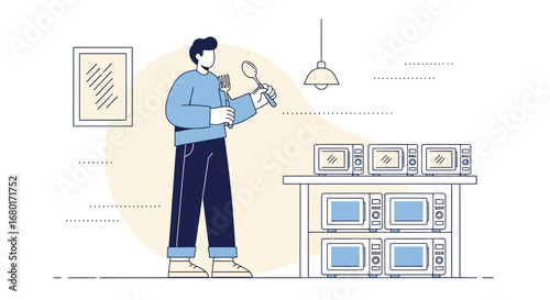 Illustration showcasing a man with utensils amidst microwaves symbolizing choice and kitchen